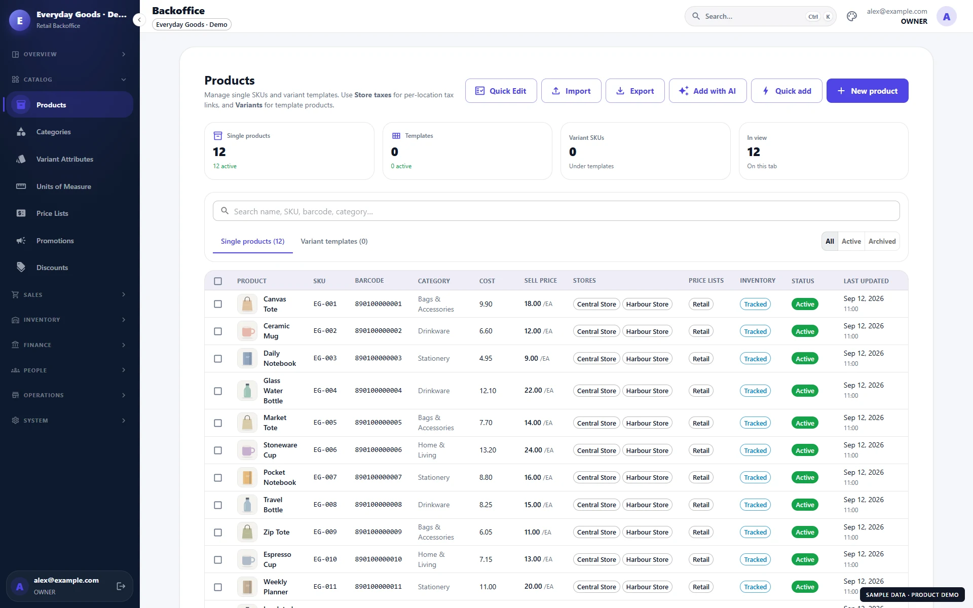 Vendo: Product catalog with SKUs, barcodes, prices, and store assignments. Fictional sample data.