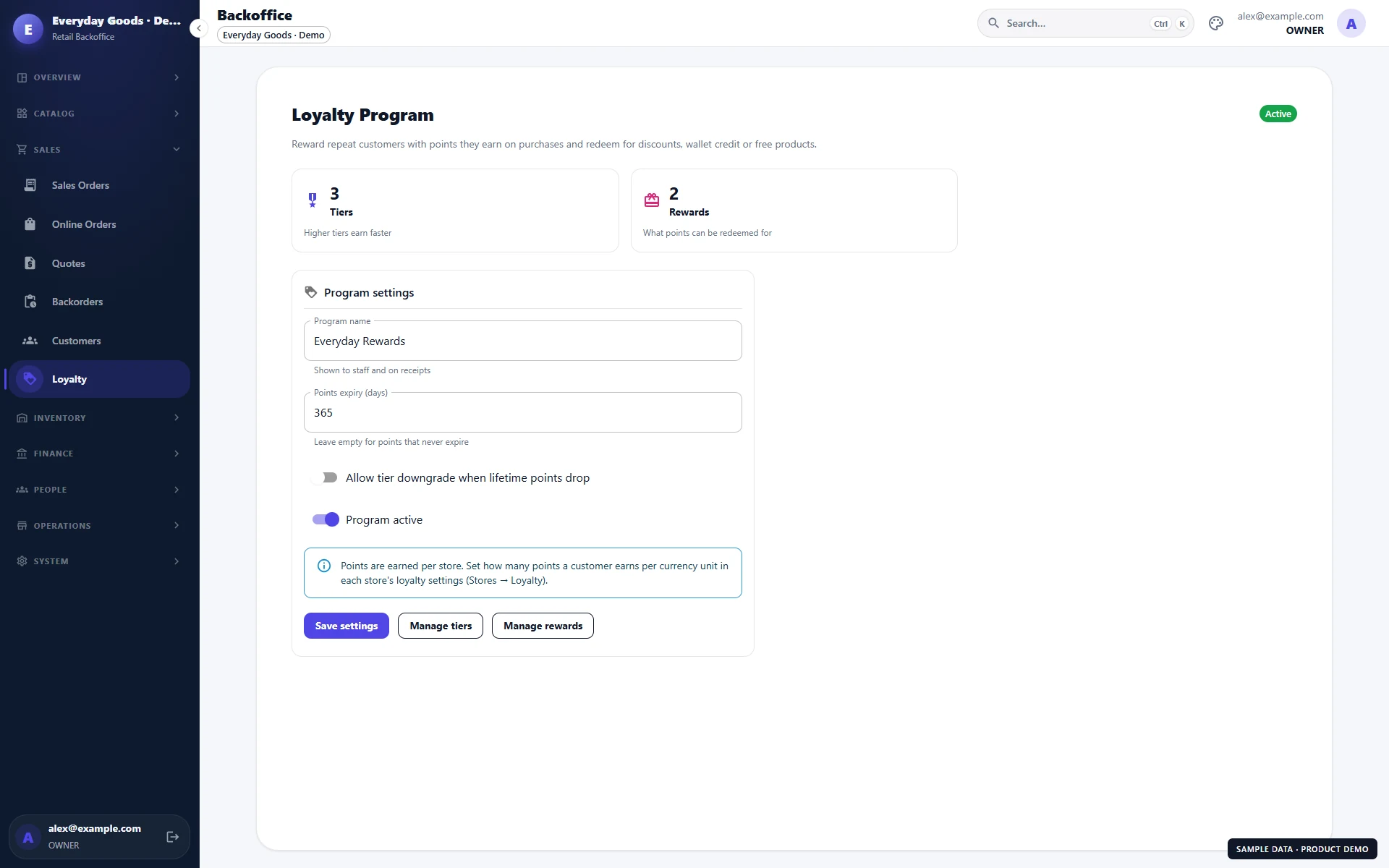 Vendo: Loyalty program settings with tiers and rewards. Fictional sample data.