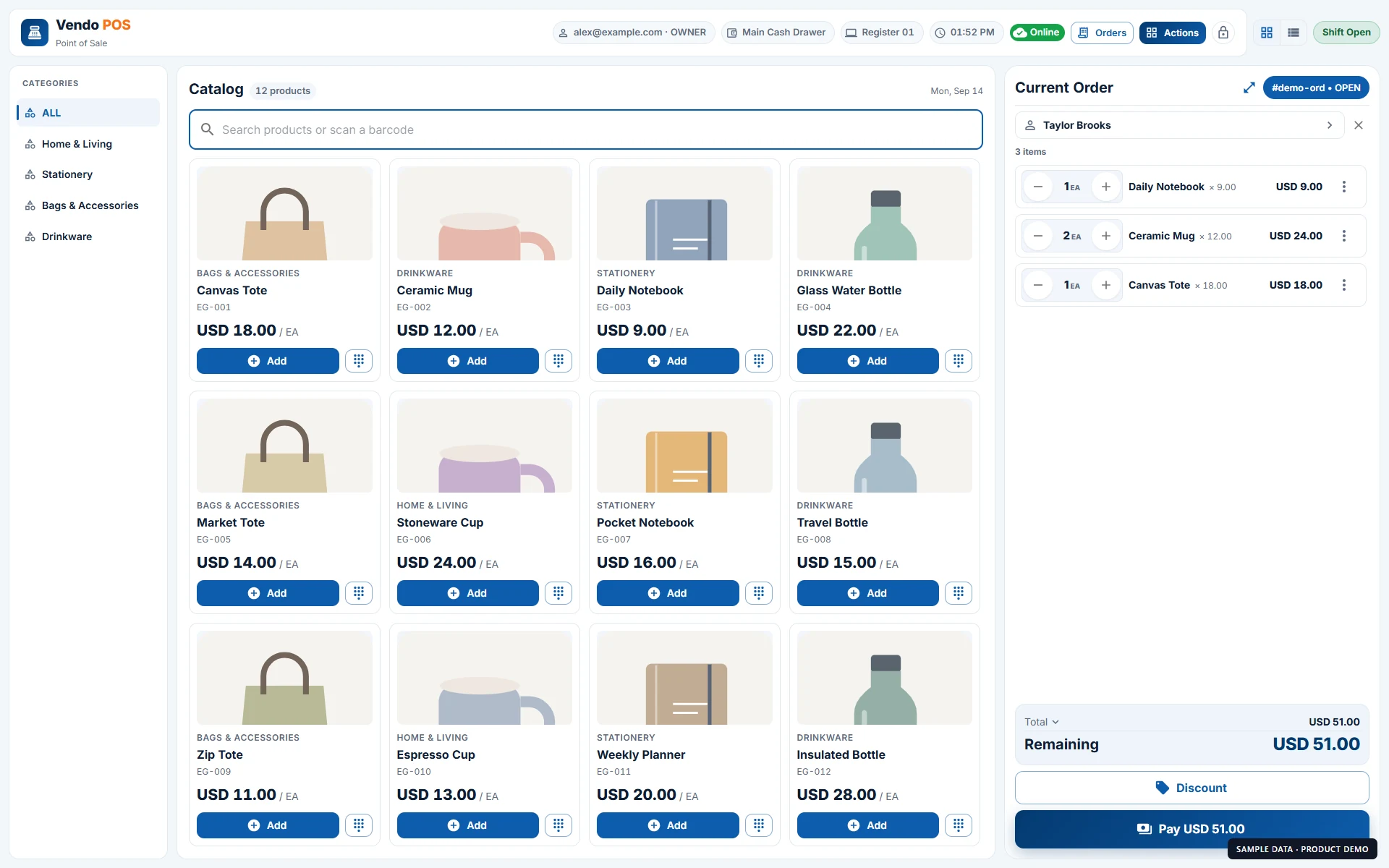 Vendo: POS product catalog and a customer order. Fictional sample data.