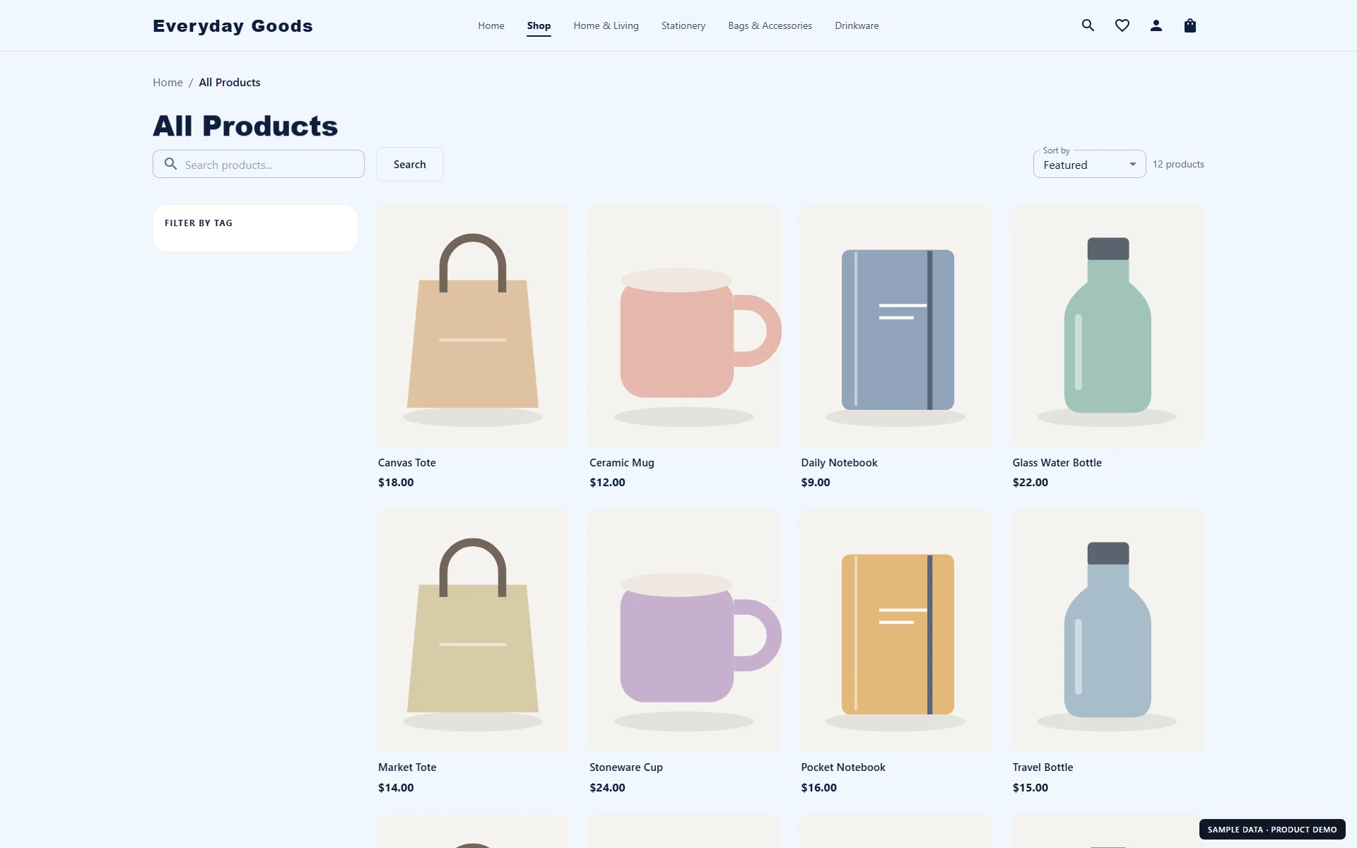 Vendo: Branded online storefront showing the sample product catalog. Fictional sample data.